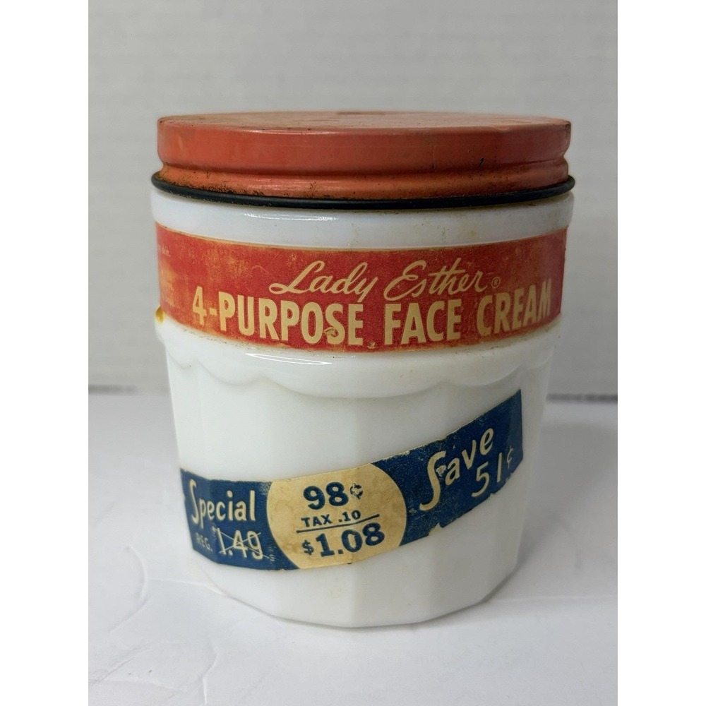 Vintage‎ Lady Esther 4-Purpose Face Cream Milk Glass Jar 10 oz White Red Label